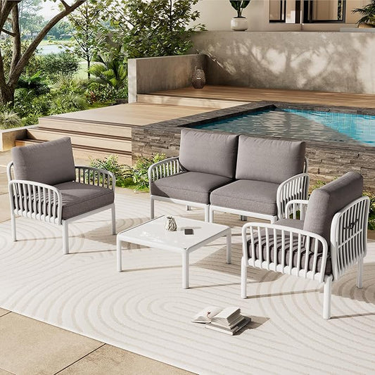 Christopher Knight Home Landon 4 Pieces Patio Conversation Set, Loveseat and Coffee Table Set, Accent Chairs, Club Chair with Cushion, Sofa Chair with Table Set for Balcony Garden, White+Light Gray