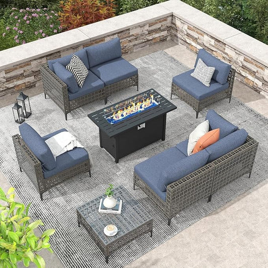 8-Piece Wicker Patio Furniture Set with Propane Fire Pit Table, Natural PE Rattan Outdoor Sectional Sofa with Water-Resistant Cushions, Wind Guard and Cover for Backyard Lounge Area(Blue)