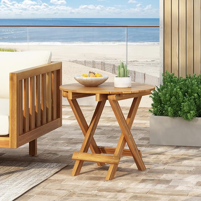 Foldable Acacia Wood Side Table, Teak Finish