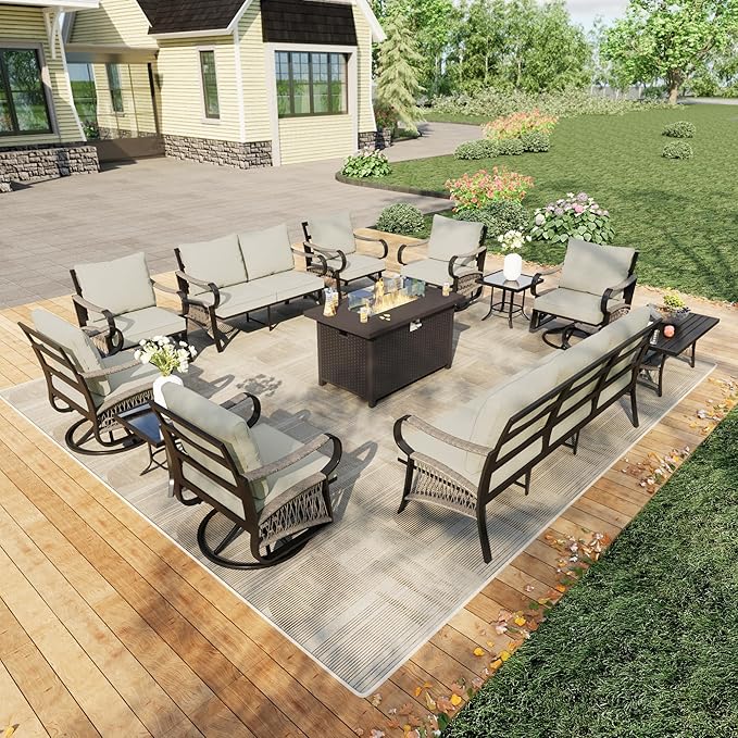 12 Pieces Patio Furniture Set, Metal Outdoor Conversation Sets with Fire Pit Table and Swivel Chairs for Backyard Garden Deck Porch Poolside (Thick Beige Cushions)