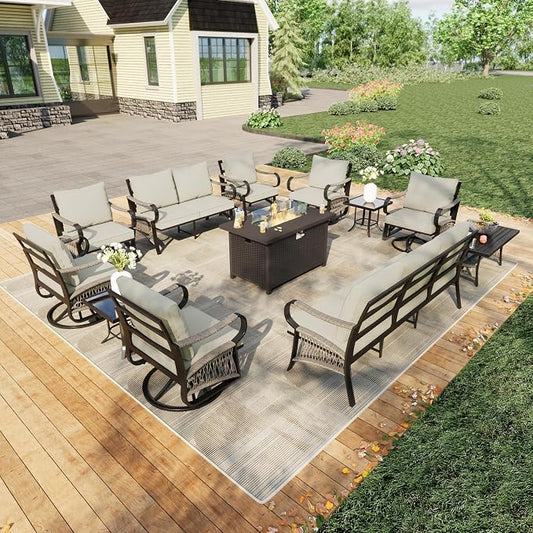12 Pieces Patio Furniture Set, Metal Outdoor Conversation Sets with Fire Pit Table and Swivel Chairs for Backyard Garden Deck Porch Poolside (Thick Beige Cushions)