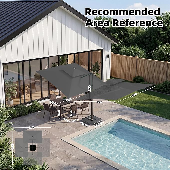 10x10 FT Cantilever Patio Umbrella with Base and Led Lights Double Top Outdoor Square Large Heavy Duty Aluminum Offset Umbrellas with 7 Level Tilt 360-degree Rotation for Pool Garden Deck, Grey