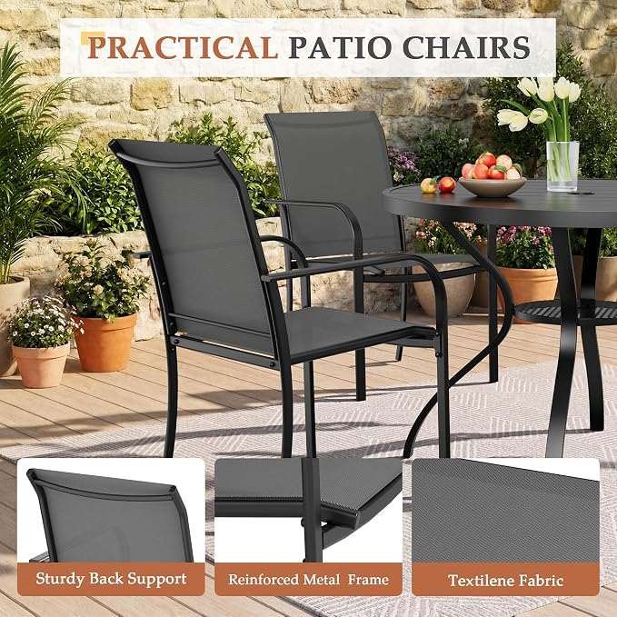 5-Piece Patio Dining Set,4 Person Outdoor Table and Chairs Set, 4 Metal Dining Chairs and Round Outdoor Table with 1.57" Umbrella Hole,Grey