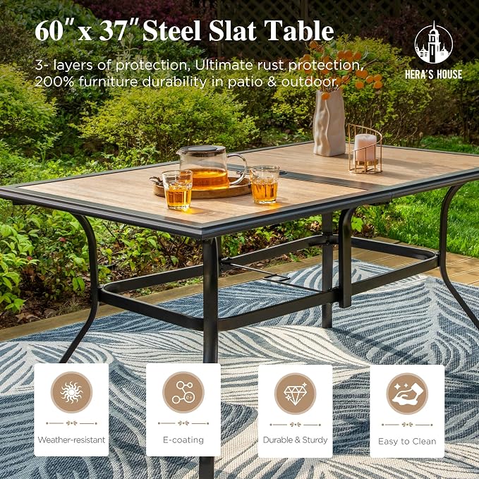 HERA'S HOUSE Patio Dining Table, 60"x38" Rectangle Outdoor Dining Table Top with Umbrella Hole and Metal Steel Frame for Lawn Garden Backyard