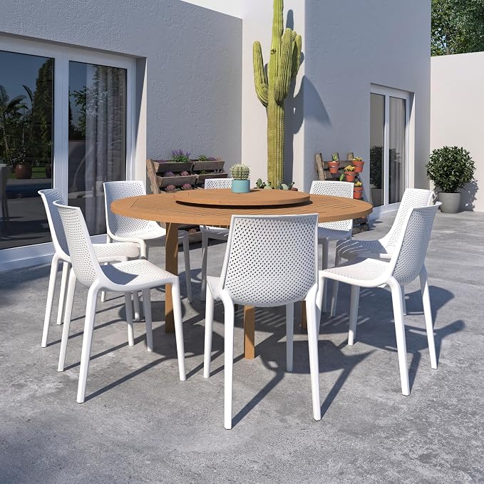 Urban Elements Melbourne 9-Piece Round Patio Furniture Set | Teak Finish 100% FSC Eucalyptus Wood | Backyard Furniture, Outside Table and Chairs, Outdoor Dining Set, White