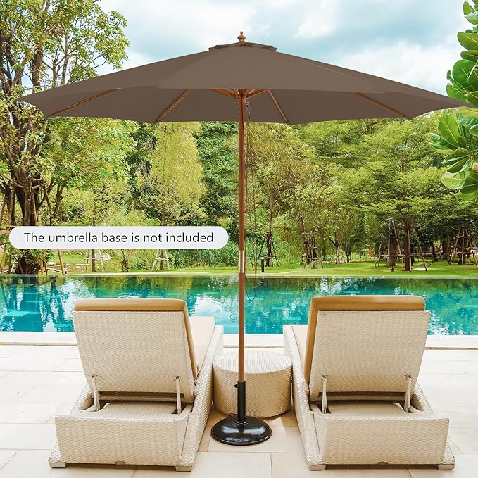 HAPPYGRILL 10 FT Wooden Patio Umbrella with Rope Pulley Lift, 8 Bamboo Ribs, 3 Adjustable Heights, Vented Roof, Outdoor Table Umbrella for Garden Poolside Backyard (Tan)