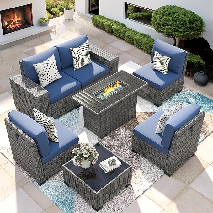 7 Piece Patio Furniture Set with Fire Pit Table, Outdoor Conversation Sets Wicker Rattan Sectional Sofa with Coffee Table for Patio Garden Backyard, 4'' Thickened Cushion Navy Blue