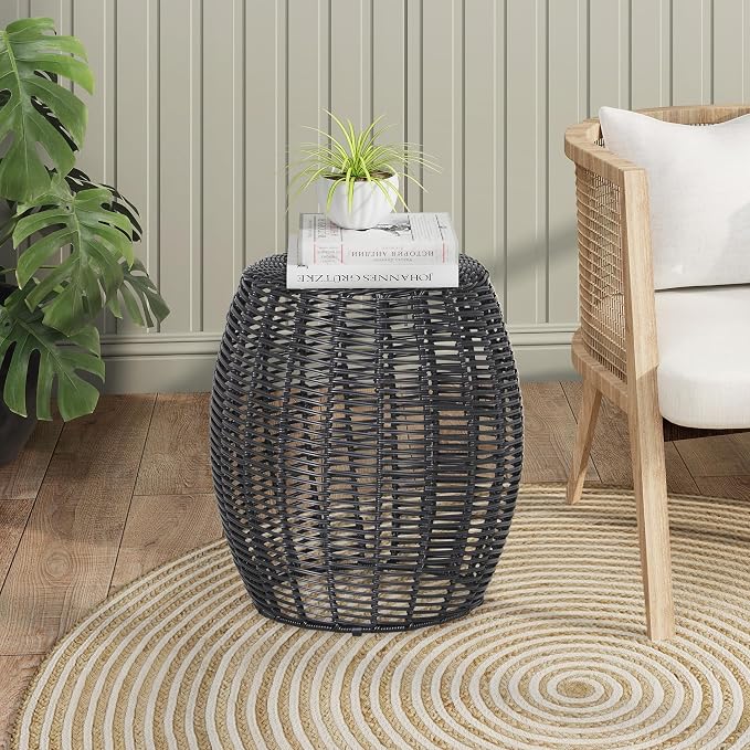 ABBLE Patio Resin Wicker Side Table Barrel End Table Metal Frame Storage Basket Indoor Outdoor Use, Black