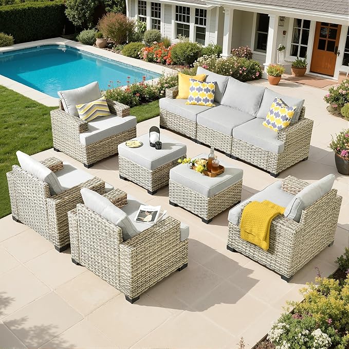 Outdoor Sectional Patio Furniture Set,9 Pieces All Weather Rattan Wicker Conversation Sets,Out Door Furniture with Ottoman Single Chair,Light Grey