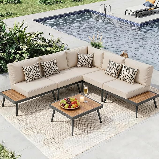 LAUSAINT HOME 6 Pieces Outdoor Patio Furniture Set, L Shaped Patio Sofa with Coffee Top Table, Metal Conversation Set with Coffee Table and Thickened Cushions for Poolside, Patio, Yard, Beige