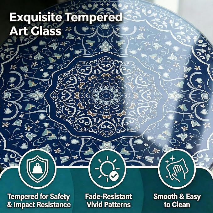 Gesodant 13.4" Outdoor Side Table, Round Patio Bistro Table with Boho Tempered Glass Top, Waterproof Rust-Proof Base, Small Plant Stand for Balcony, Garden, Deck, 21.6" H (Blue Maze)