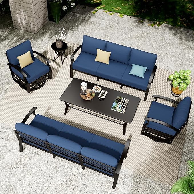 Aluminum Patio Furniture Set with Coffee Table,8 Seats Metal Modern Outdoor Furniture w/5.1" Thick Cushions,Patio Sectional w/Swivel Chairs for Patio,Backyard,Navy