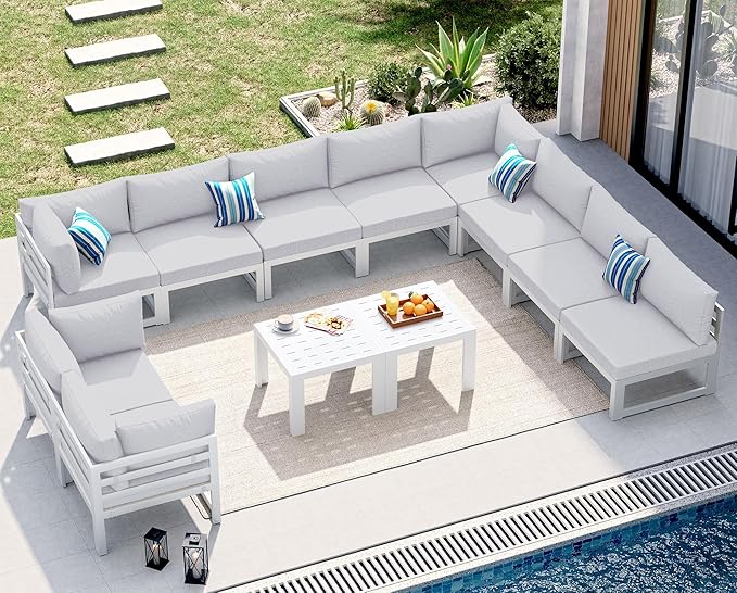 NICESOUL 10 Seat Large Luxury Aluminum Patio Conversation Set with Side Table, 29" Deep Wide Seating, Modular Sectional Couch, 500 lbs Heavy Duty All Weather Outdoor Sofa for Backyard Deck, Light Grey
