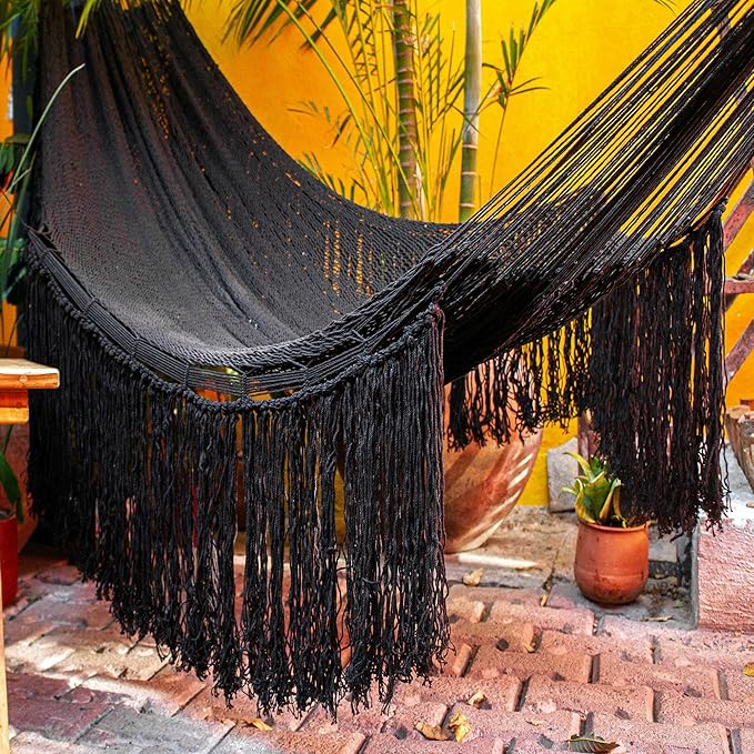 Novica Ebony Cascade Cotton Rope Hammock (Double), Black