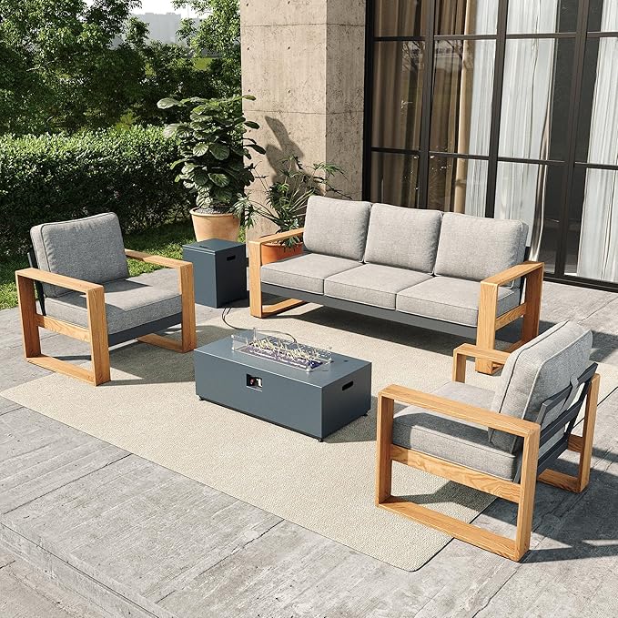 4 Pieces Aluminum Patio Furniture Set, Outdoor Conversation Sets with High Backrest Sofa and Fire Pit Table for Garden and Backyard