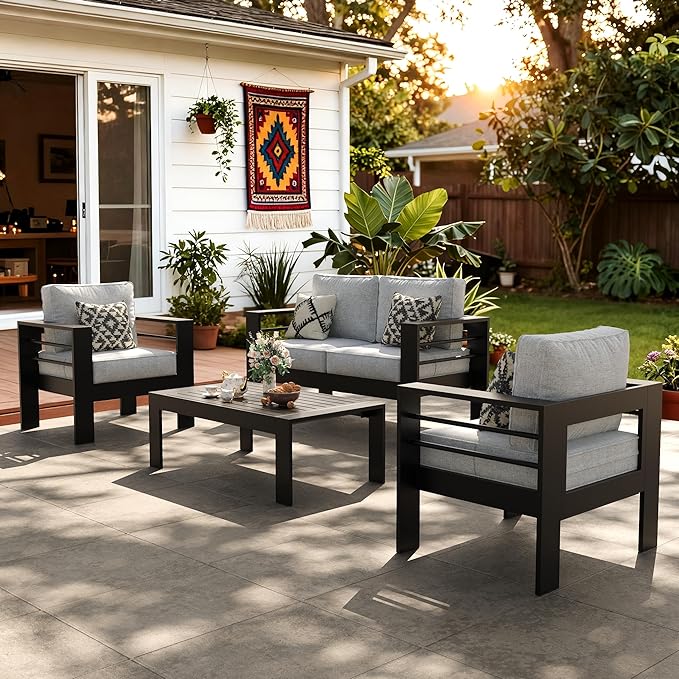 LayinSun Outdoor Aluminum Furniture Set, 4 Pieces Patio Sectional Conversation Chat Sofa Modern Seating Set with Coffee Table