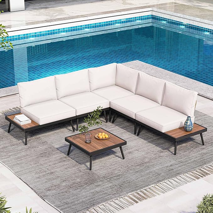 LAUSAINT HOME 6 Pieces Outdoor Patio Furniture Set, L Shaped Patio Sofa with Coffee Top Table, Metal Conversation Set with Coffee Table and Thickened Cushions for Poolside, Patio, Yard, Beige