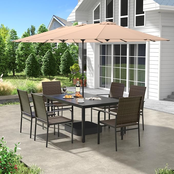 VICLLAX 8 Pieces Patio Dining Set with Wheat Umbrella, 6 Stakable Wicker Outdoor Chairs and Metal Patio Table with Umbrella Hole for Backyard Lawn Deck, Black Tabletop