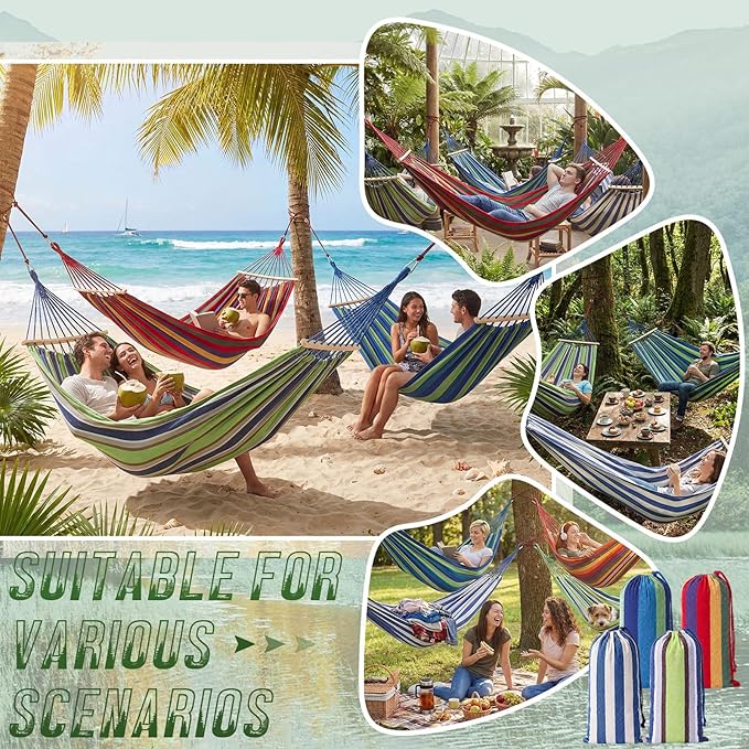 SATINIOR 4 Pack Canvas Portable Camping Hammocks with 4 Carrying Pouch 8 Tree Straps 8 Anti Roll Balance Beam Large 86.6 x 59 Hanging Hammock for Patio Backyard Outdoor, Red & Blue & Green & White