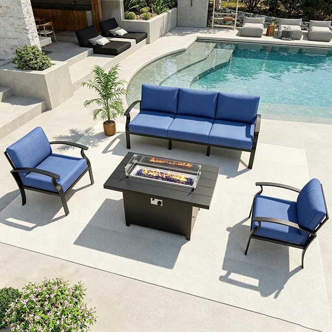 Aluminum Outdoor Patio Furniture Set,4 Pieces 5 Seats Patio Conversation Sets with 45" Propane Fire Pit Table,Metal Patio Sectional Furniture Set with Thick Cushion,Navy Blue