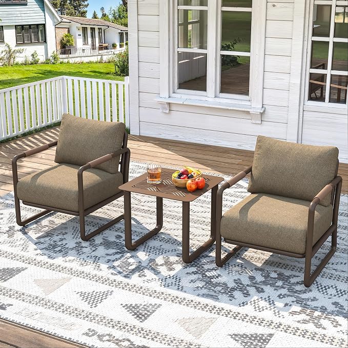 3-Piece Modern Aluminum Patio Sofa Set with Coffee Table, Deep Seating Conversation Set Featuring 6.5" Cushions, All-Weather for Garden, Balcony, Poolside (Brown)