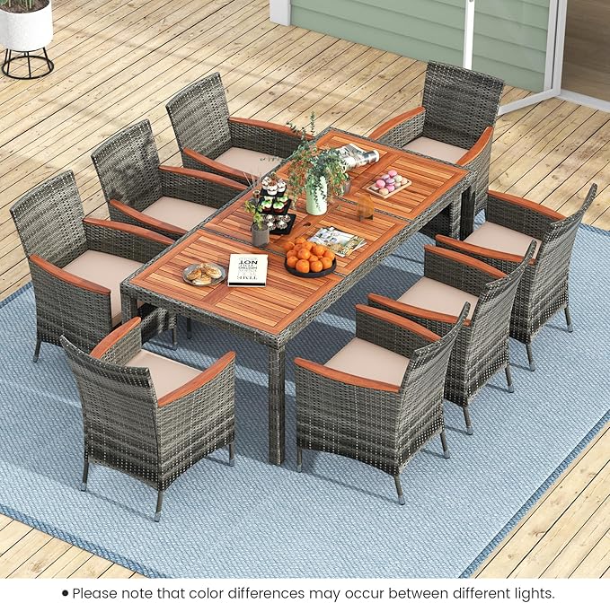 Tangkula 9 Pieces Outdoor Wicker Dining Set, Patio Dining Furniture Set with Acacia Wood Table and 8 Armchairs, Outdoor Table and Chairs Set with 1.96” Umbrella Hole and Cushions