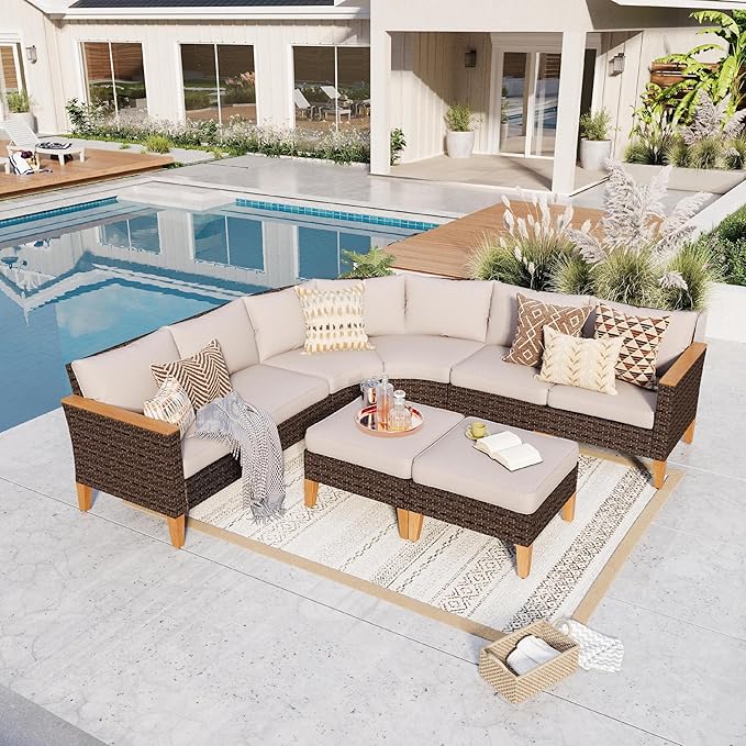 GREEN PARTY 8 Pieces Wicker Patio Furniture Set, All-Weather Outdoor Rattan Half-Moon Curved Patio Sectional Sofa Conversation Set 8 Seats for Garden, Backyard, 2 x Ottomans