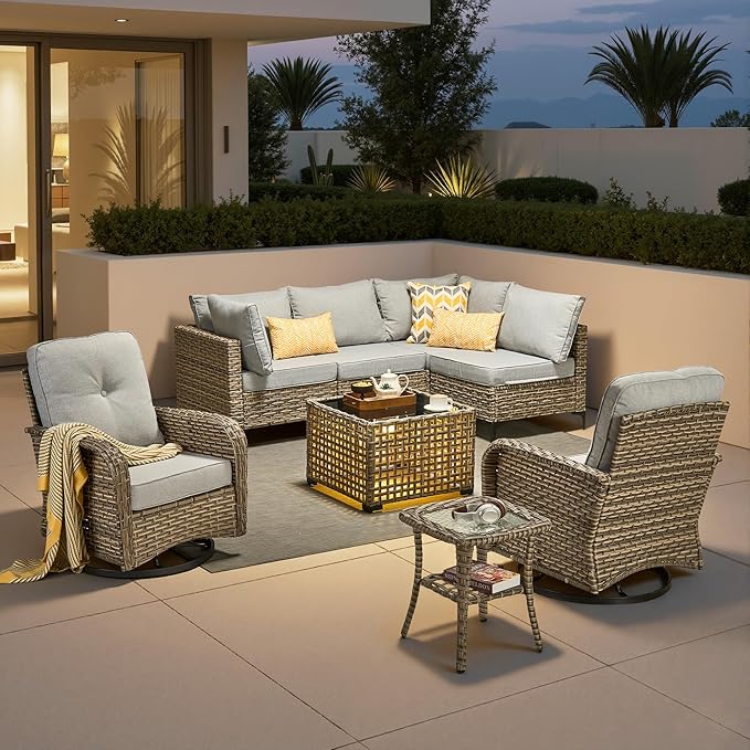 8 Pieces Outdoor Sectional Patio Furniture Set with Swivel Rocking Chairs,Conversation Sets Rattan Wicker L Shaped Couch,Modular Outdoor Sofa for Porch Balcony Backyard Grey