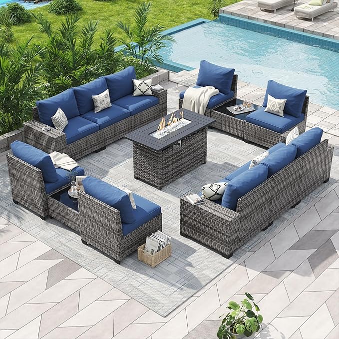 Aoxun Patio Furniture Sets with 44'' Fire Pit, 13 Pcs Outdoor Patio Coversation Set with 4in Thicken Cushion, Widen Armrests Wicker Outdoor Sectional for Backyard (Waterproof Cover Include)