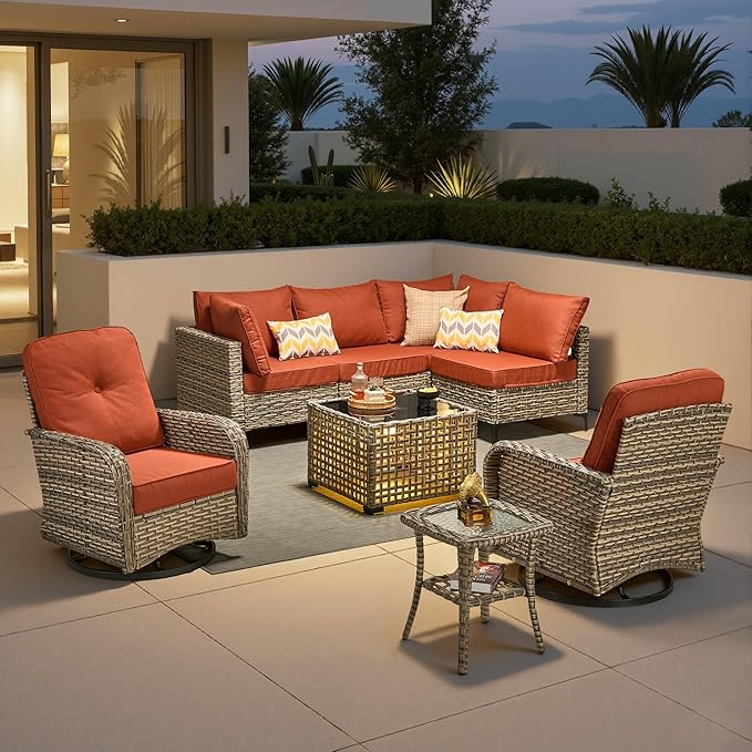 8 Pieces Outdoor Sectional Patio Furniture Set with Swivel Rocking Chairs,Conversation Sets Rattan Wicker L Shaped Couch,Modular Outdoor Sofa for Porch Balcony Backyard Coarse Stripes Red