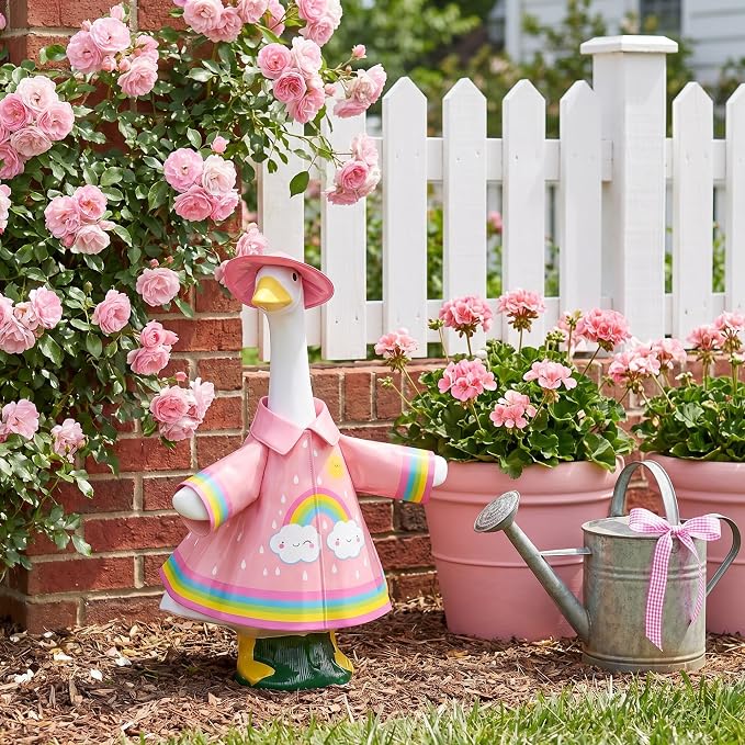 DECOHS 3 Pcs/Set Raincoat Porch Goose Outfits, Summer Lawn Goose Statue Raincoat Costume, Yard Goose Clothes Raincoats Umbrella Hat Outfit for 23" Statue Patio Garden Decoration (Pink Rainbow)