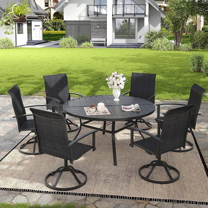 VICLLAX 7 Pieces Patio Outdoor Dining Set, 6 Swivel Textilene Chairs and 53" Round Metal Table with Umbrella Hole for Porch, Deck, Garden, Black