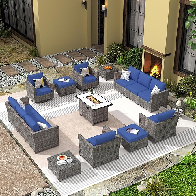16 Pieces Patio Furniture Conversation Set with 42" Fire Pit Table Rocking Chair Outdoor Sectional Gray Wicker Sofa Set