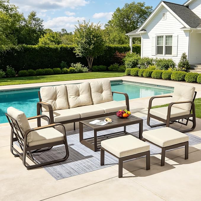 6 Pcs Aluminum Patio Furniture Set with Coffee Table Outdoor Conversation Sofa Set Include Adjustable 3-Seater Sofa, 2 Hydraulic Chair, 2 Ottoman for Balcony, Garden, Poolsid （Beige）