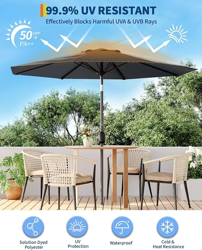 GarveeLife 9 ft Patio Umbrella, Outdoor Table Market Umbrella with Push Button Tilt and Crank, 8 Sturdy Ribs UV Protection Waterproof for Garden, Deck, Backyard, Pool (Grey)