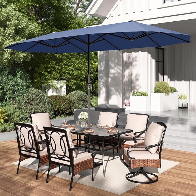PHI VILLA 13ft Outdoor Market Umbrella Double-Sided Twin Large Patio Umbrella with Crank, Navy Blue