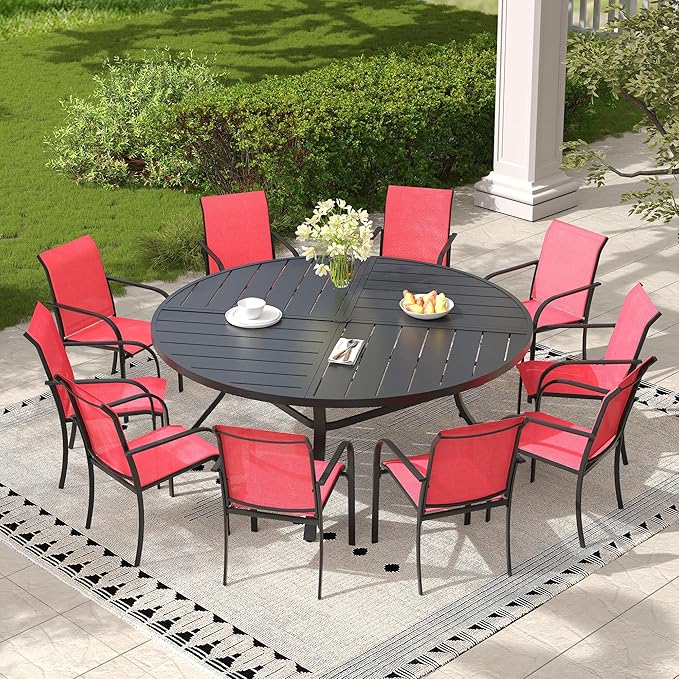 11 Pieces Outdoor Dining Set, Stackable Textilene Paito Chairs & 63.1" Round Dining Table with Umbrella Hole, Patio Dining Set for Backyard, Deck, Garden, Red & Black