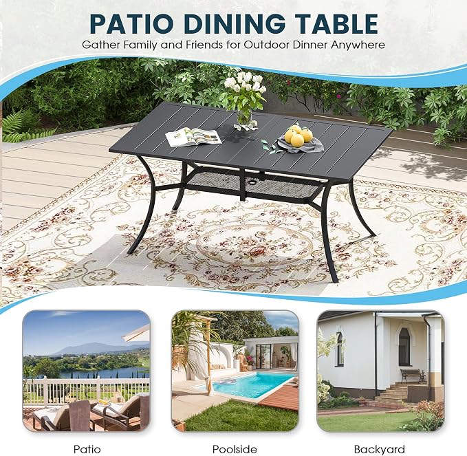 7 Pieces Patio Furniture Dining Set, 6 Textilene Swivel Dining Chairs, 59" Outdoor Rectangular Metal Table with 1.57" Umbrella Hole, Outdoor Dining Set for Porch, Lawn, Garden, Black/Blue