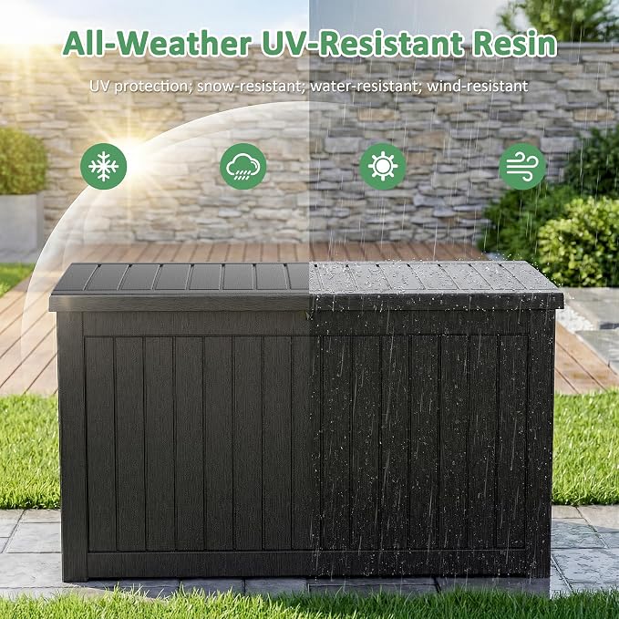 PatioZen 310 Gallon Deck Box Outdoor Storage Box, Waterproof and UV Resistant, Lockable&Resin for Patio Cushions Storage Furniture, Garden Tools, Pool Supplies(Black, 310 Gallon)
