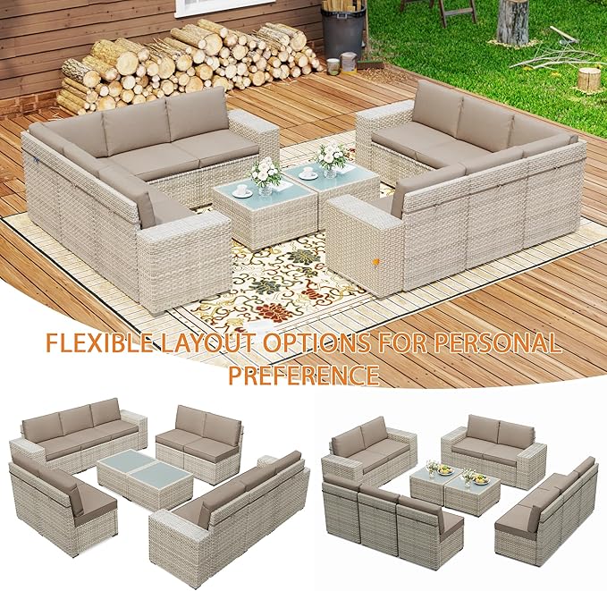 12 Piece Patio Furniture Set, 8" Wide Arm Sectional Sofa Set with Coffee Table, High-Back All-Weather Rattan Outdoor Conversation Set for Garden, Porch, Lawn, Khaki