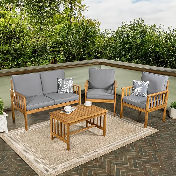 JONATHAN Y LVG1201A-4SET Everly 4-Piece Modern Cottage Acacia Wood Outdoor Patio Set with Cushions and Tropical Decorative Pillows Classic, Coastal, Traditional, Vintage, Mid-Century, Gray/Teak Brown