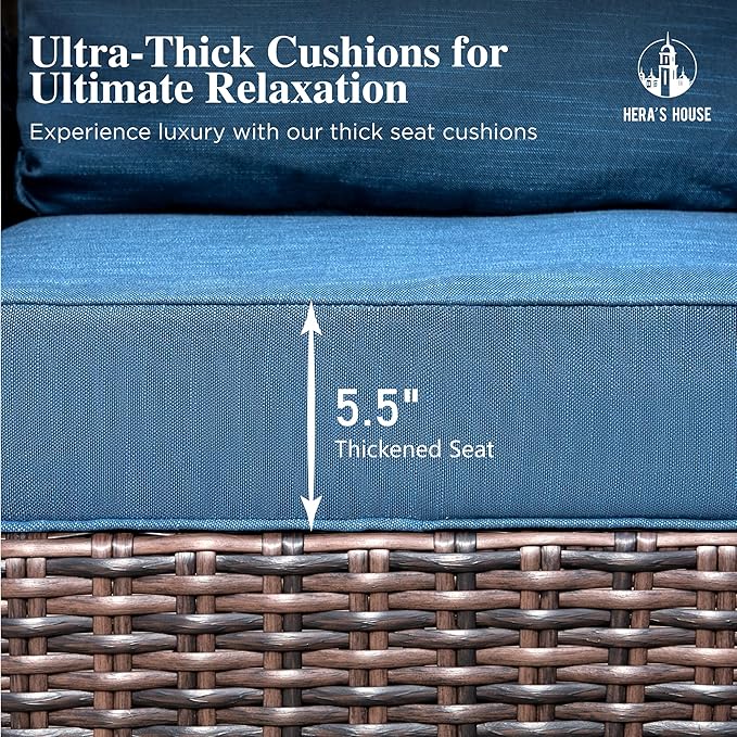 HERA'S HOUSE 3-Piece Outdoor Patio Furniture, High Back Swivel Chairs Set of 2 with Rattan Table, Brown Wicker Conversation Bistro Set with 5.5” Thick Cushion for Deck Porch Balcony Garden Lawn, Blue