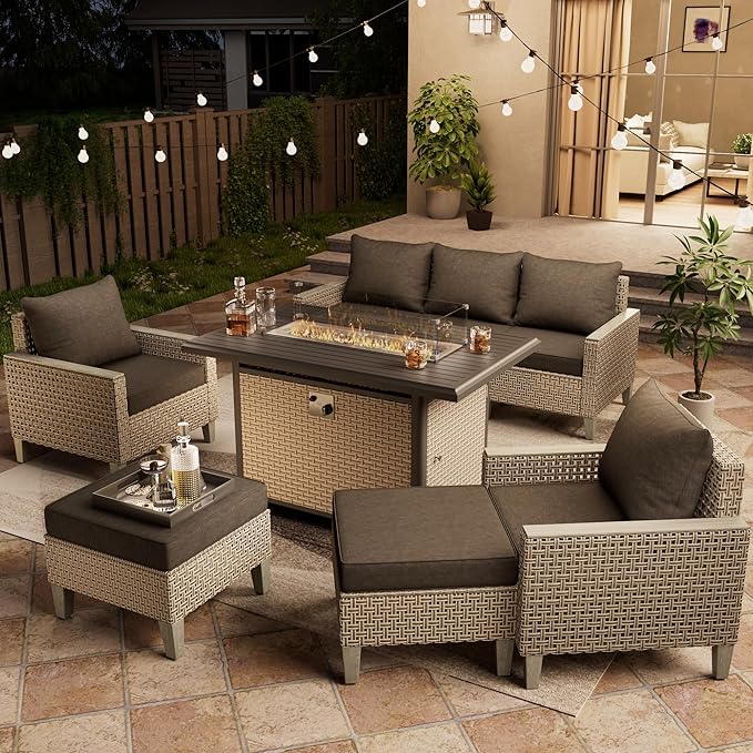Outdoor Patio Furniture Set with Rattan Fire Pit Table 8-Piece Modular Wicker Sectional Sofa with Ottomans and Thick Cushions, Modern Rattan Outdoor Conversation Couch, Black