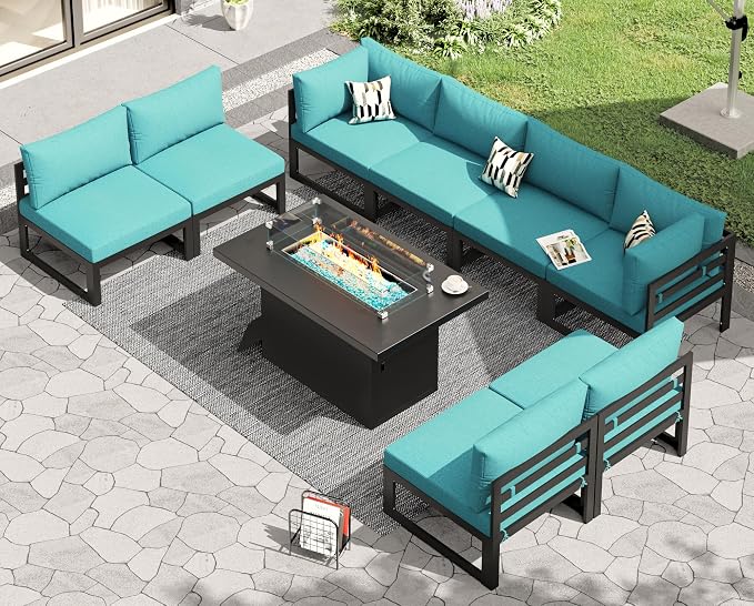 RADIATA 8 Person Modern Aluminum Outdoor Patio Furniture Set with Fireplace, 29 inch Wide Deep Seating, Fade Resistant L-Shaped Sectional Couch, Plus Size Conversation Set for Backyard Terrace, Teal