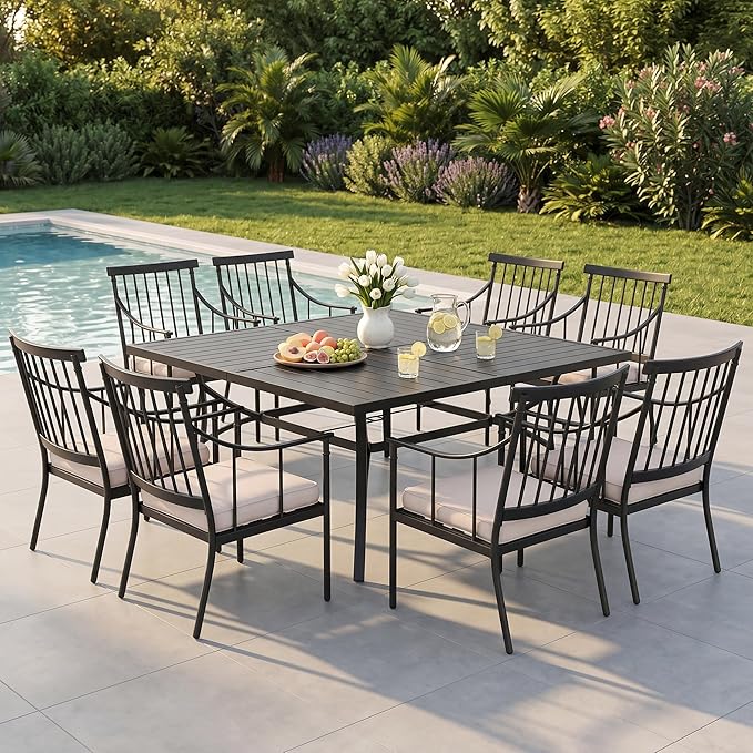 PHI VILLA Square Outdoor Table for 8, Black Metal Table w/Umbrella Hole | 57.5" large wrought iron table. Slatted top design, weather resistant. Perfect for patio, deck, porch, backyard.