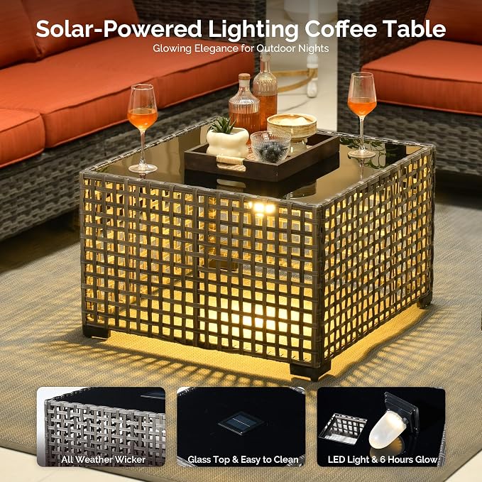 6 Piece Wicker Patio Furniture Set with Solar Table, Orange | Outdoor Deep Seating Sofa Chair Ottoman, Solar Lights Table, All Weather Rattan, Modern Conversation Set, Porch Deck Backyard