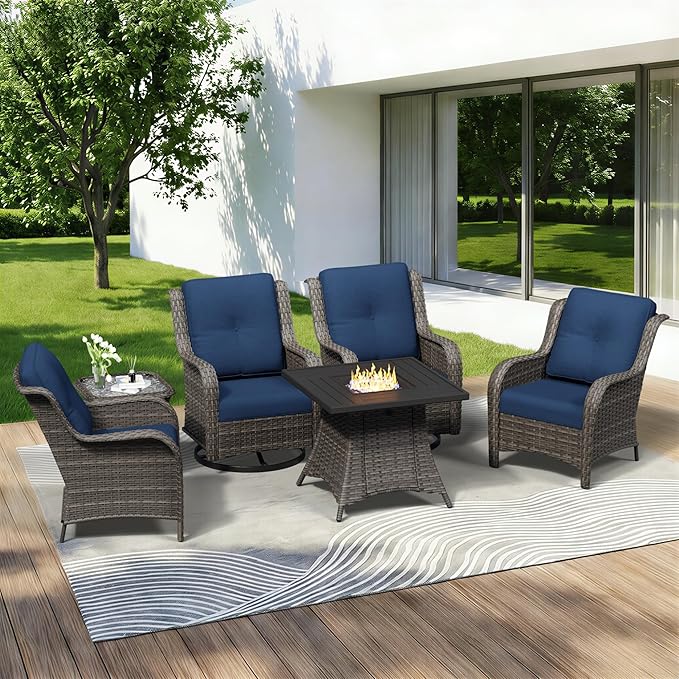 6 Pieces Outdoor Wicker Patio Furniture Set with Fire Pit Table, Patio Chair Set with Thickened Olefin Cushions, High Back and Deep Seating, Hand-Woven PE Rattan for Porch, Deck