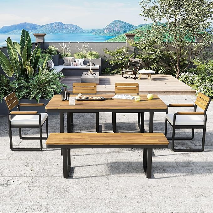 NicBex 6-Piece Patio Dining Set, Outdoor Table and Chairs for 6, Acacia Wood & Metal Frame with Umbrella Hole, Comfortable Cushions & Adjustable Feet, for Garden, Backyard, or Porch, Beige Cushions