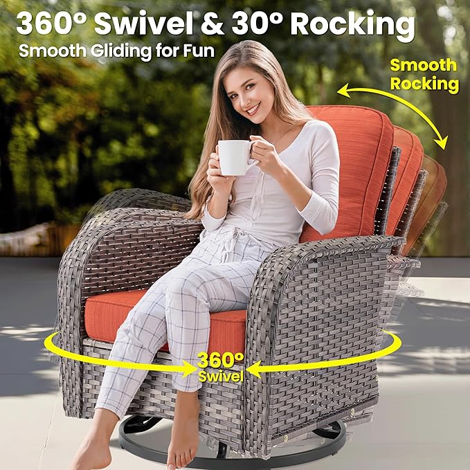 ovios 7 Pieces Patio Furniture Set, Outdoor Wicker Sofa Couch with Rocking Swivel Chairs Fire Pit Table, Modern Deep Seat Rattan Conversation Sets for Deck Porch, Grey