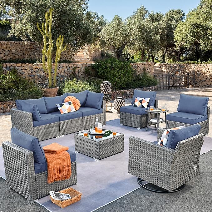 ovios Outdoor 9 Piece Coversation Set with Swivel Rocking Chair,Sectional Patio Furniture Set with All-Weather Wicker Sofa,Modern Outside Couch for Balcony Backyard Pool, Blue